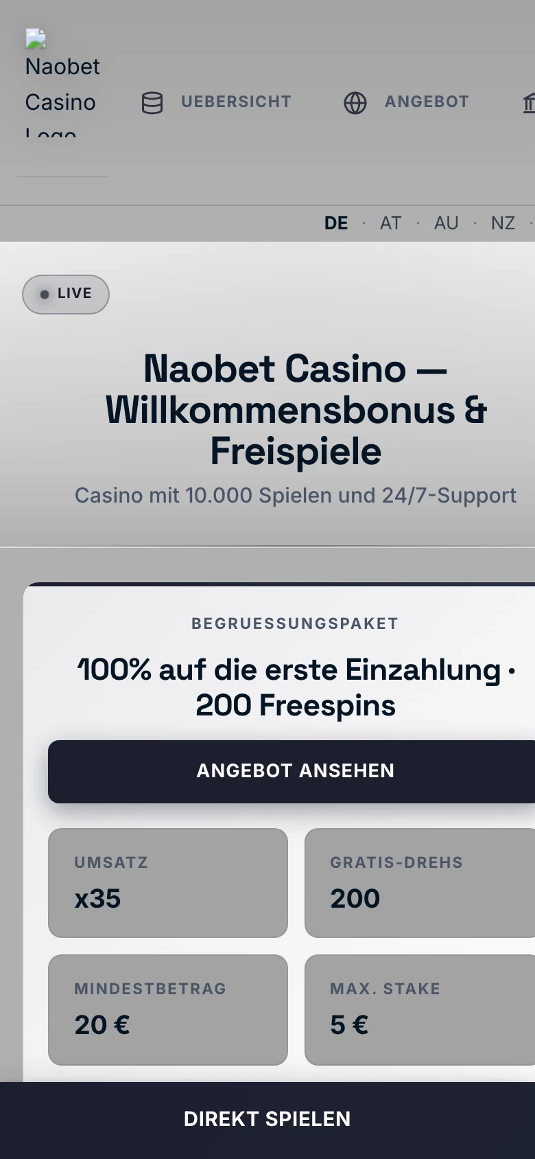 Naobet Casino mobile lobby screenshot